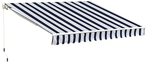 Outsunny 3m x 2.5m Garden Patio Manual Awning Canopy Sun Shade Shelter with Winding Handle Retractable Blue and White