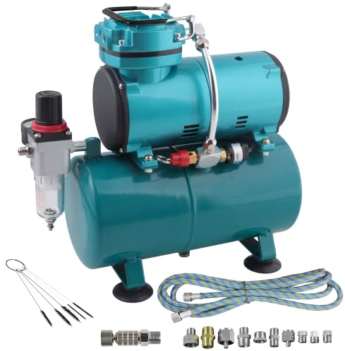 COMPRESSORE AEROGRAFO PROFESSIONALE COMPRESSORE PER AEROGRAFO AEROGRAFO MODELLISMO DA 125 W Compact II con Set di Spazzole per la Pulizia + 10 adattatori per le connessioni + Tubo da 1, 8 m (Set Base Compressore Aerografo Universal)