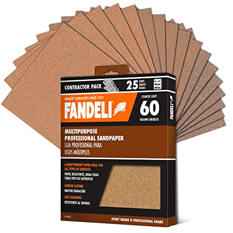 Fandeli Sandpaper Sheets - Multipurpose Professional 60 Grit Sand Paper (25 Sheet Pack) - Sandpaper for Wood, Metal, Varnish & Paint - Coarse Sanding Paper for All Types of Surfaces