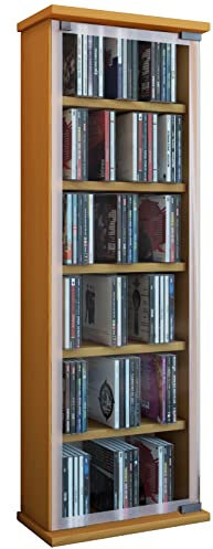 VCM CD Regal Holz | CD Schrank mit ESG-Sicherheitsglastüren für 204 CDs oder 72 DVDs | Maße: H. 92 x B. 31 x T. 18 cm | Blu ray Regal | CD Regal - Classic