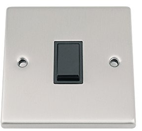 Light Switch 1 Gang - Satin Matt Chrome - Square - Black Insert Plastic Switch - 10 Amp Single 1 Gang 2 Way