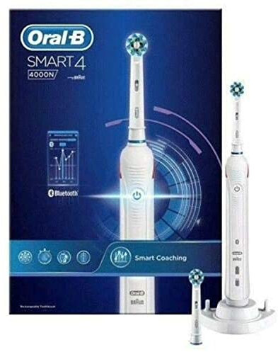 Oral-B Smart 4 Electric Toothbrushes For Adults, Mothers Day Gifts For Her / Him, App Connected Handle, 2 Cross Action Toothbrush Heads, 3 Modes with Teeth Whitening, 2 Pin UK Plug, 4000N, White