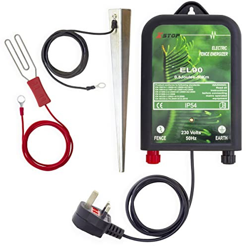 230v Mains Powered Electric Fence Energiser X-Stop EL90 10Km Range, 0.5 Joule Output, Weatherproof Kit Includes Leads and Earth Stake. For Horses and Other Animals. 2 Year Warranty*.