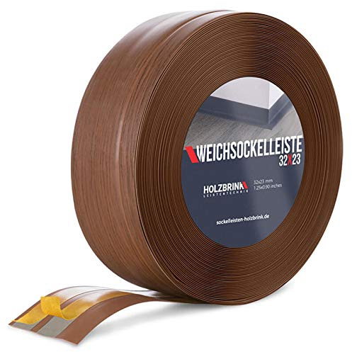HOLZBRINK Rodapie PVC adhesivo 32x23mm, 20 m | Rodapie flexible para el acabado de encimeras cocina, muebles baño | Perfil PVC | Color: roble oscuro