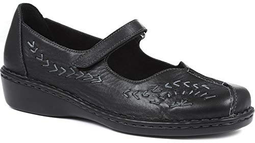 Pavers Ladies Leather Wide Fit Touch Fasten Mary Jane in Black - Stylish Daytime Wear with Unique Cut-Out Detail - Adjustable Fastening - UK 5 / EU 38