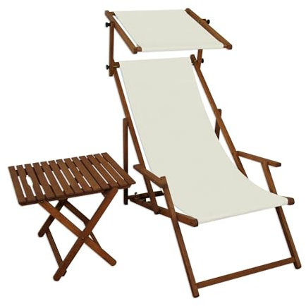 Sonnenliege weiß Liegestuhl Sonnendach Tisch Gartenliege Holz Deckchair Strandstuhl 10-303 S T