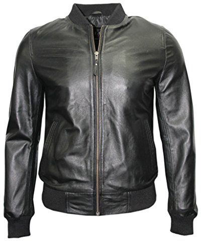 Homme Retro Noir Nappa en Cuir Bomber Slim Fit décontractée Varsity Veste M