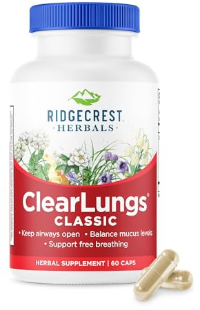 RidgeCrest Herbals ClearLungs Classic, Daily Health Supplement, Natural Lung and Nasal Wellness Formula for Bronchial, Respiratory, Immune, Sinus, and Mucus Support (60 Vegan Caps, 30 Serv)