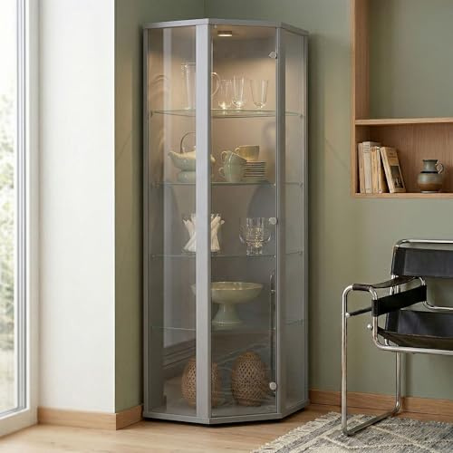 K-Möbel Vetrina angolare in alluminio/argento (176x56,5x56,5 cm) con 4 ripiani in vetro e LED - Vetrina per modellini argento - Mobile vetrina in alluminio - Vetrina per collezionisti