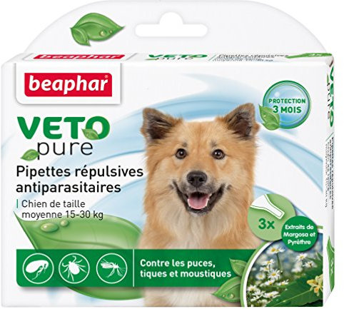 BEAPHAR – VETOPURE – Pipettes répulsives antiparasitaires pour Chien Moyen (15-30kg) – Aux extraits de Margosa & de Pyrèthre – Contre Les puces, tiques et moustiques – Protection 3 Mois – 3 pipettes