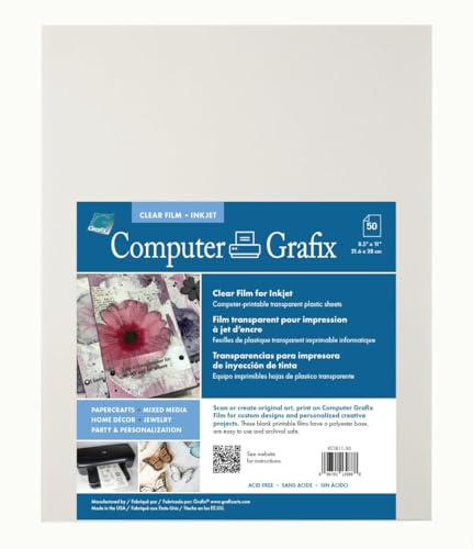 Grafix Computer Adhesive Backed Ink Jet Film – Self-Stick Printable Film for Creating Custom Journals, Stickers, Photos, and More, Ink Jet Printers Only (Clear, Pack of 50 (8.5 x 11))