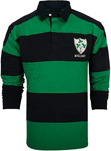 Irish Rugby Shirt for Men, Green and Blue with Shamrock Crest, Irish Fan Shirt, XL.
