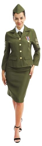 P'tit Clown - Costume Militaire Femme - Déguisement DDay Officier US Army - Adulte - Uniforme Soldat Seconde Guerre Mondiale Vintage - Idéal pour Carnaval, Fêtes Costumées - Polyester - Vert (S-M)