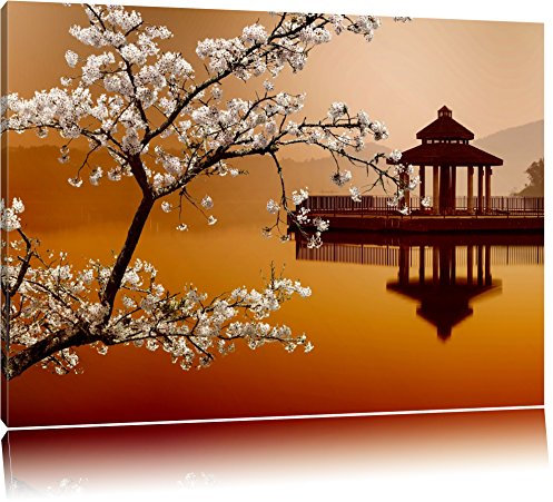 Pixxprint Kirschbaum an Japanischem See, Größe: 100x70cm, Leinwandbild, fertig gespannt, Wandbild, Dekoration, Kunstdruck, kein Poster