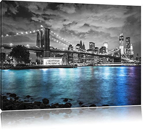 Pixxprint New York Skyline am Abend B&W, Größe: 100x70cm, Leinwandbild, fertig gespannt, Wandbild, Dekoration, Kunstdruck, kein Poster