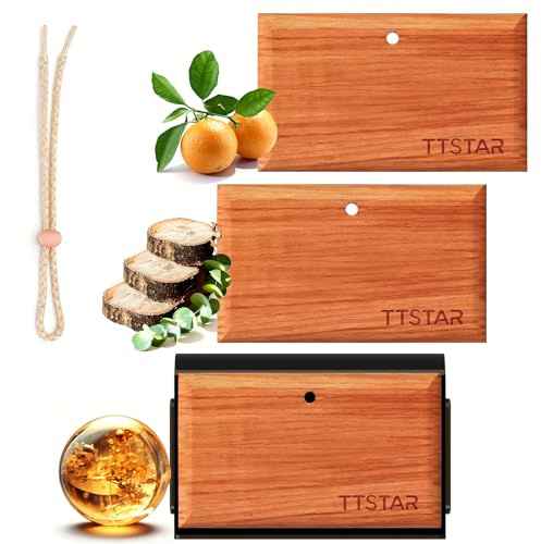ttstar Car Air Freshener Long Lasting 3 Pack Wood Air Fresheners Refill for Men Women New Car Smell Scent Accessories Odor Eliminator Cleaner with Metal Clip for Vehicle Visor(Teak, Amber& Grove)