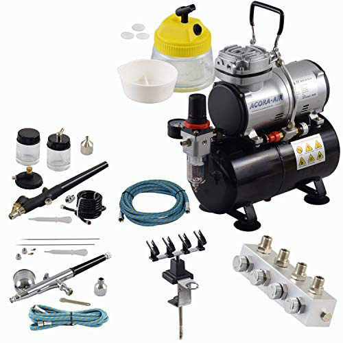 Agora-Tec® Airbrush Set PROFI XVII.1 mit Kompressor 4 bar/20 l/min, 3L Tank + 2 Pistolen inkl. Nadeln/Düsen 0,2/0,3/0,5/0,8 mm + regelbarer 4-fach Luftdruckverteiler + Halter + Clean Pot + 2 Schläuche