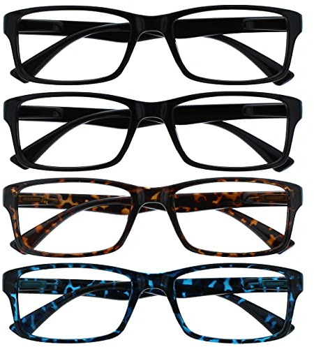 OPULIZE PEP Reading Glasses for Women Men, Large Rectangular Designer Frame with Spring Hinges, Scratch Resistant, Black, Brown, Blue +1.5 (Pack of 4)