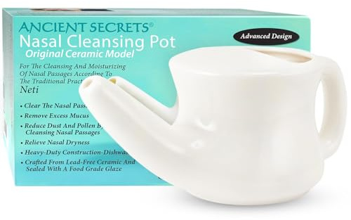 ANCIENT SECRETS Neti Pot Sinus Rinse + Pre-Measured Cleansing Salt Pack – Dishwasher-Safe Ceramic Model, Patented Ergonomic No-Leak Design, Nasal Cleansing Pot, Nasal Irrigation