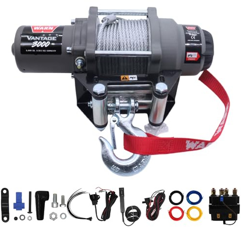 WARN Vantage 3000 12V DC ATV/UTV Winch - 3000 lb Pull Capacity, 50 Ft 3/16 Wire Rope, Roller Fairlead, Fully Sealed Motor, 3-Stage Planetary, Handlebar Mini Rocker & Corded Remote (108213)