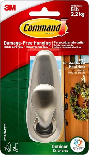 Command Outdoor Large Brushed Nickel, Metal Command Hook with Strips - For Hanging Outdoor Wreaths, Signs and Other Heavy Items Securely and Damage Free