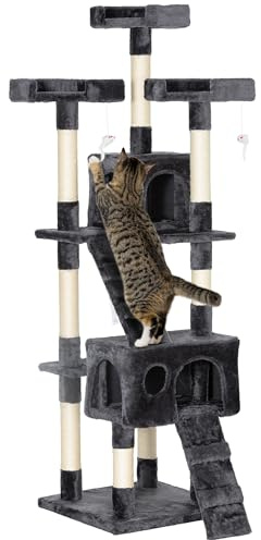 PawHut Árbol Rascador para Gatos Grande 50x50x170 cm con Múltiples Niveles con Cuevas Escaleras Juguetes Colgantes Camas Centro Actividades Sisal Gris