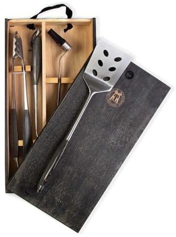 Schmidt Brothers - BBQ Ash 4 Piece Grill Set, Full-Forged Stainless Steel Grilling Utensils Including Spatula, Fork, Basting Brush, and Tongs with All Wood Handles