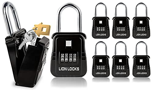 Lion Locks 1500 Key Lock Box with Code, Lockbox for Keys Outdoor, Realtor Lock Box for Short-Term Rentals, Holds 5 Keys (6 Pack, Black)