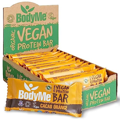 BodyMe Organic Vegan Protein Bar | Raw Cacao Orange | 12 x 60g Protein Snack Bars | Gluten Free | 16g Complete Protein | 3 Plant Proteins with All Essential Amino Acids | High Protein Vegan Snacks