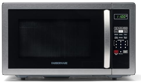 Farberware 1.1 Cu. Ft. Countertop Microwave Oven – 1000 Watts Power, Auto Cook Settings, Defrost, Easy Clean and Child Safety Lock - Stainless
