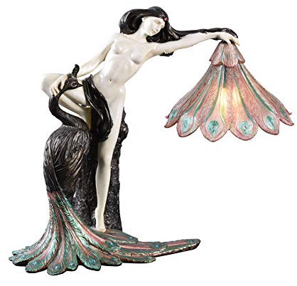 Jugendstil pur extravagante Tischlampe (ohne Leuchtmittel) Dame mit Pfau IS001 Palazzo Exklusiv
