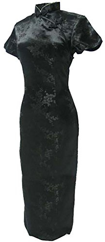 7Fairy Women's VTG Black Floral Long Chinese Party Dress Cheongsam Size 2 US