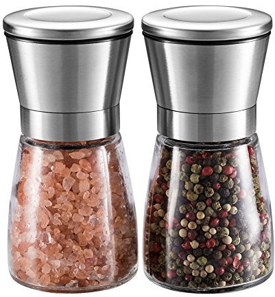 Sale e Pepe Grinder Set – Sale e Pepe Mills Premium con corpo in vetro e grossolanità regolabile, sale e pepe in acciaio inossidabile spazzolato, 5 x 2,5