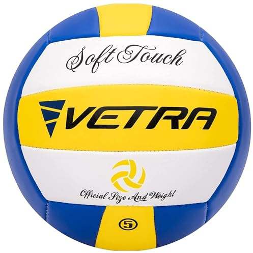 VETRA Soft-Touch Volleyball - Official Size 5, Yellow/Blue/White - Durable PVC Cover & Stitching for Training - Soft-Touch Grip for Indoor Play - Easy Inflation for Beach Play