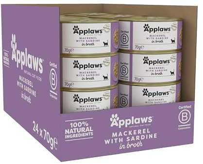 Applaws 100% naturliga våtmatburkar, makrill med sardin i buljong 70 g för vuxna katter (24 x 70 g burk)