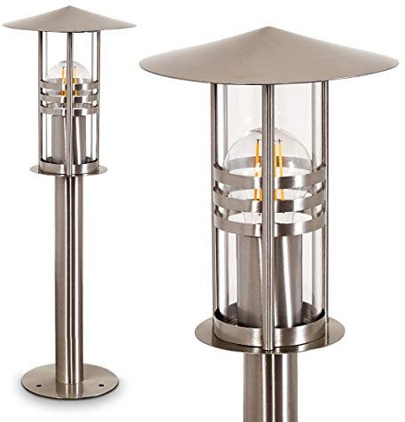 Außenleuchte Forli, moderne Sockelleuchte aus gebürstetem Edelstahl und Glas, Wegeleuchte 50 cm, Gartenlampe mit E27-Fassung, Gartenbeleuchtung IP44, ohne Leuchtmittel