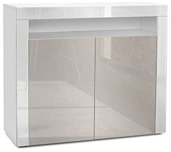 Vladon Kommode Valencia, Made in Germany, Sideboard mit 2 Türen und 1 offenem Fach, Weiß matt/Sandgrau Hochglanz/Weiß Hochglanz (108 x 92 x 40 cm)
