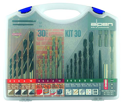 ALPEN Bohr-Schraubset KIT 30 (30-tlg. Bohrer-Set inkl. Spiralbohrer / HM-Steinbohrer / Holzspiralbohrer, mit Koffer) 800230100