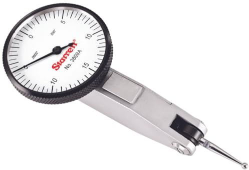 Starrett Dial Test Indicator with Dovetail Mount, Two Dovetail Clamps and Case - 1-1/4 White Dial Face, .030 Range, 0-15-0 Dial Reading, .0005 Graduation - 3809A, Stainless Steel