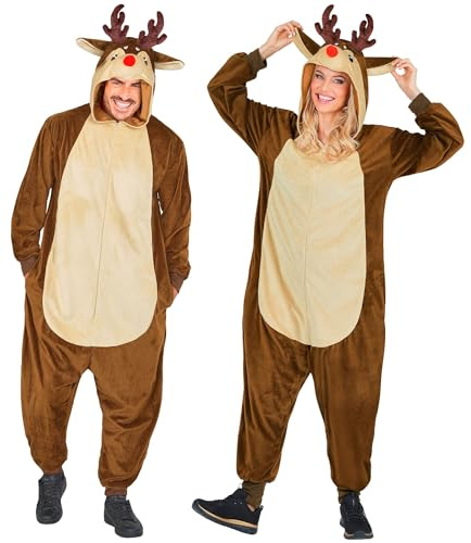 W WIDMANN MILANO Party Fashion - Tuta da renna per adulti, tuta in peluche marrone con cappuccio, costume da animale per carnevale, Natale