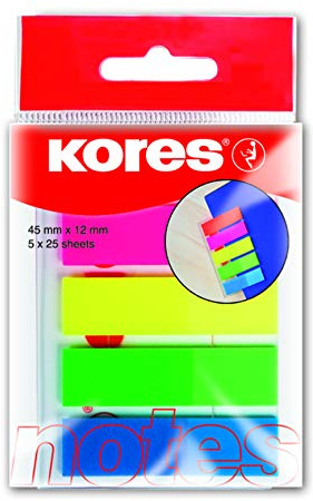 Kores - Bandes d'Indexation Autocollantes, Marqueurs de Page Auto-Adhésifs et Fanions de Documents, pour l'Ècole et le Bureau, 12 x 45mm, Paquet de 5 Couleurs Assorties de 25 Feuilles Chacune