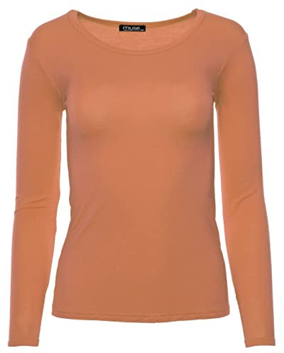 Easy Young Fashion - Damen Basic Rundhals Shirt - Langarm Unterziehshirt - Skinny Fit 1093 - Papaya S