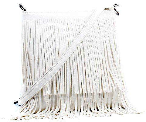 AOSSTA Borsa a tracolla da donna con frange e nappe, borse a tracolla da donna casual, bianco, Small