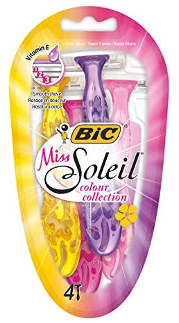 BIC Miss Soleil Colour Collection Lady Razors, Triple-Blade Razors, Vitamin E Enriched Lubricating Strip - Pack of 4