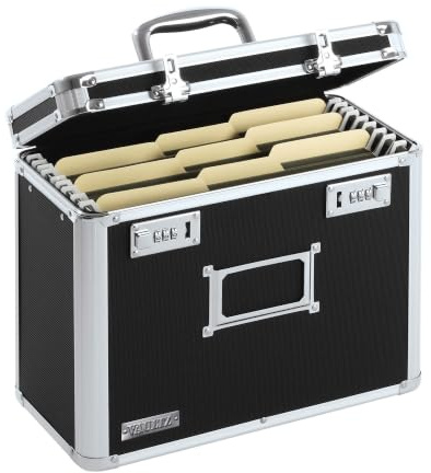 Vaultz File Organizer Storage Box - 14 x 7 x 12.19 Inch Letter Size, Portable Locking Storage Totes with Dual Combination Locks for Filing Office Documents - Black