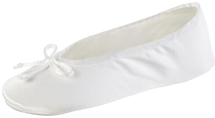 isotoner Women's Satin Ballerina Slipper with Bow, Suede Sole, White, Small / 5-6 US