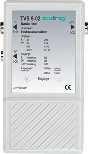 Axing TVS 9-02 Breitband-Steckdosen-Verstärker (2 x 5 dB, 1 x 15 dB) TV-Antennenverstärker Kabelfernsehen