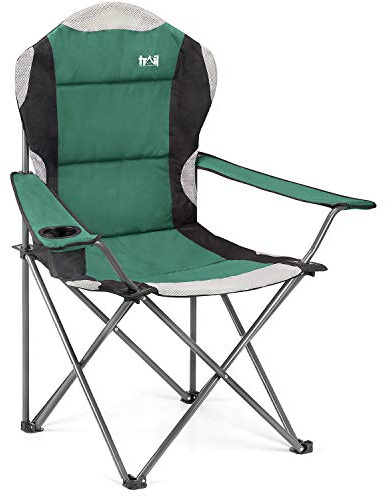 Trail Kestrel High Back Camping Chair, Padded, 120kg Capacity, Green | Breathable Mesh Panels, Cup Holder Armrest, Tubular Steel Frame, Carry Bag Included