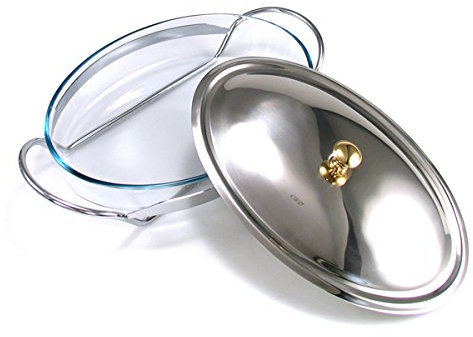 Fuente oval para horno y microondas de cristal con tapa y soporte de acero inoxidable
