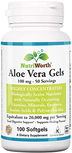 NutriWorth Aloe Vera Supplement (100 Softgels) 20,000mg Pure Gel Equivalency – Made with Organic Aloe Vera